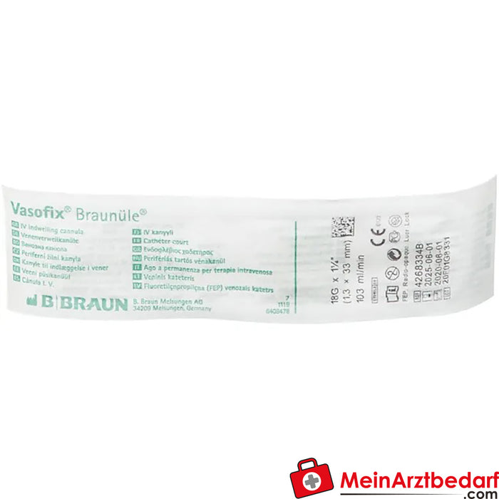 Vasofix® Braunüle® 1.30 x 33 mm G 18 verde (com anel branco), 1 unid.