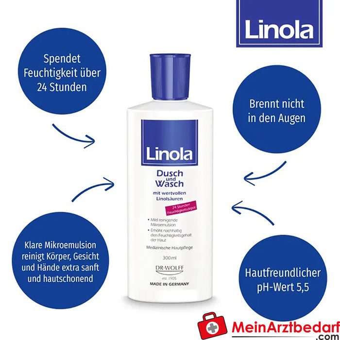 Linola Shower and Wash - Gel de ducha para pieles secas o con tendencia a la neurodermatitis, 300ml