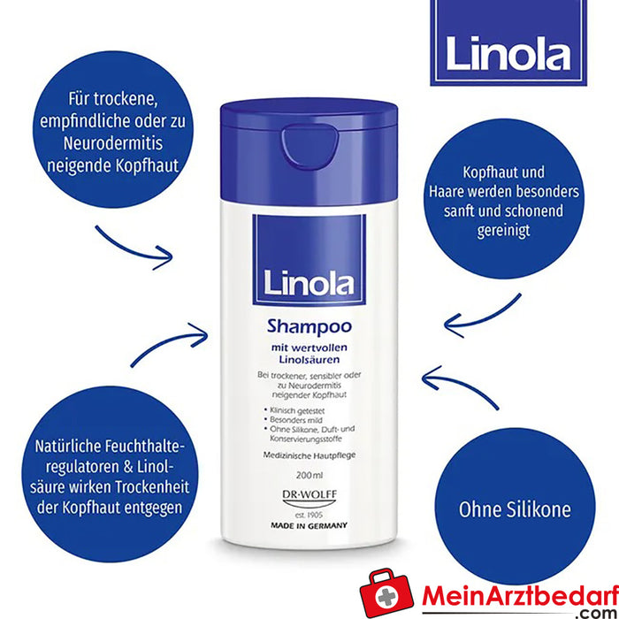 Champô Linola - cuidado do cabelo para couros cabeludos secos, sensíveis ou com tendência para a neurodermatite, 200ml