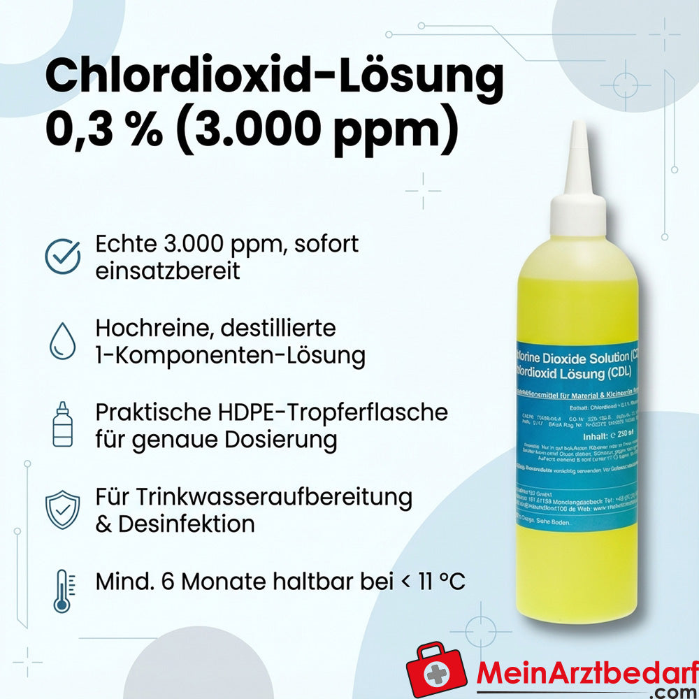 Chlordioxid‑Lösung 0,3 % (3000 ppm) 250 ml HDPE‑Tropferflasche