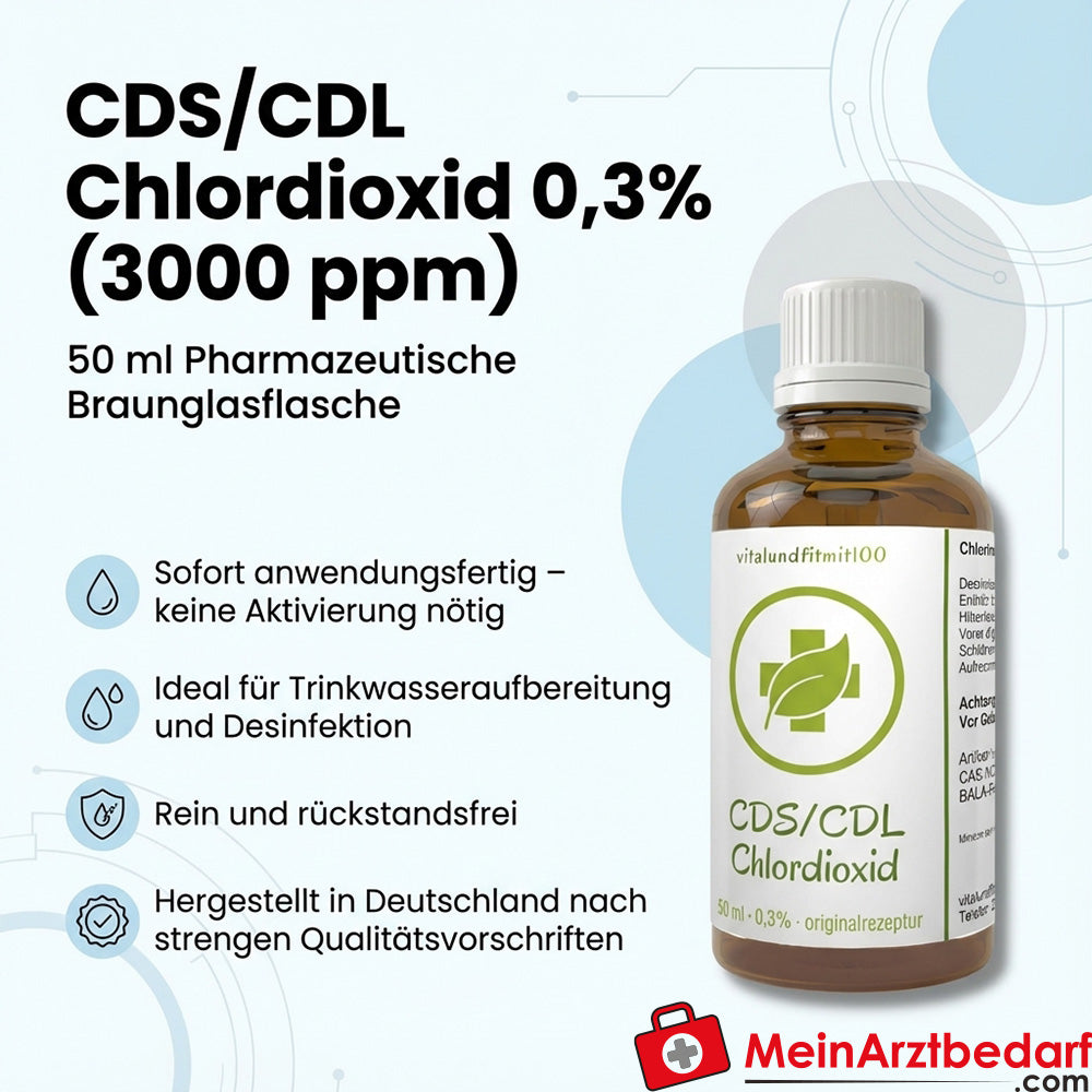 Chlorine dioxide solution CDS 0.3% (3000 ppm) Dropper bottle 50 ml amber glass