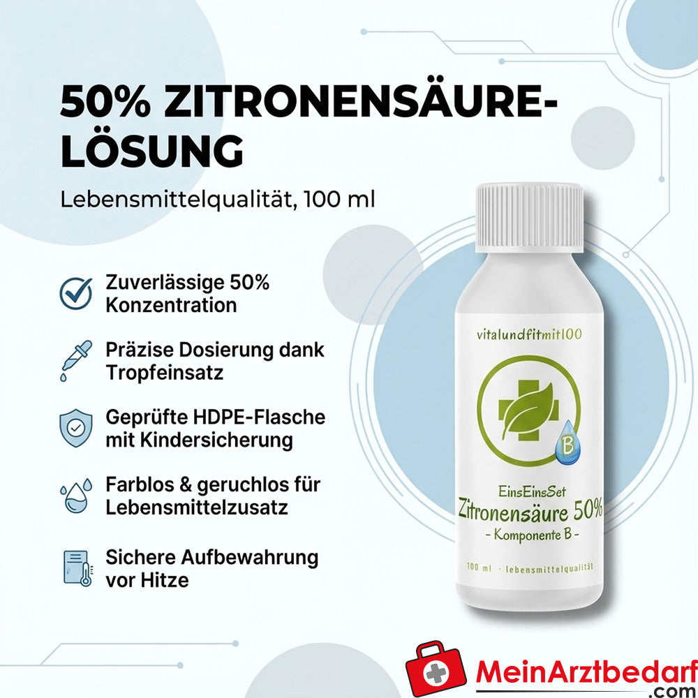 Citroenzuur 50% oplossing (voedingskwaliteit) 100 ml HDPE druppelflesje
