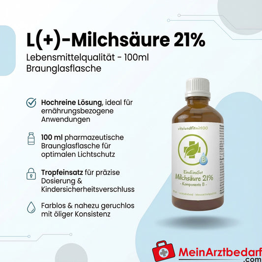 L(+)-Milchsäure 21% Lebensmittelqualität 100 ml Braunglas mit Tropfeinsatz und Kindersicherung
