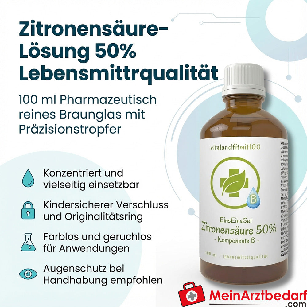 Zitronensäure-Lösung 50% Lebensmittelqualität 100 ml Braunglas mit Präzisionstropfer kindersicher