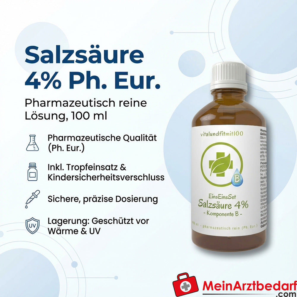 Hydrochloric acid solution 4% Ph. Eur. 100 ml amber glass dropper bottle childproof