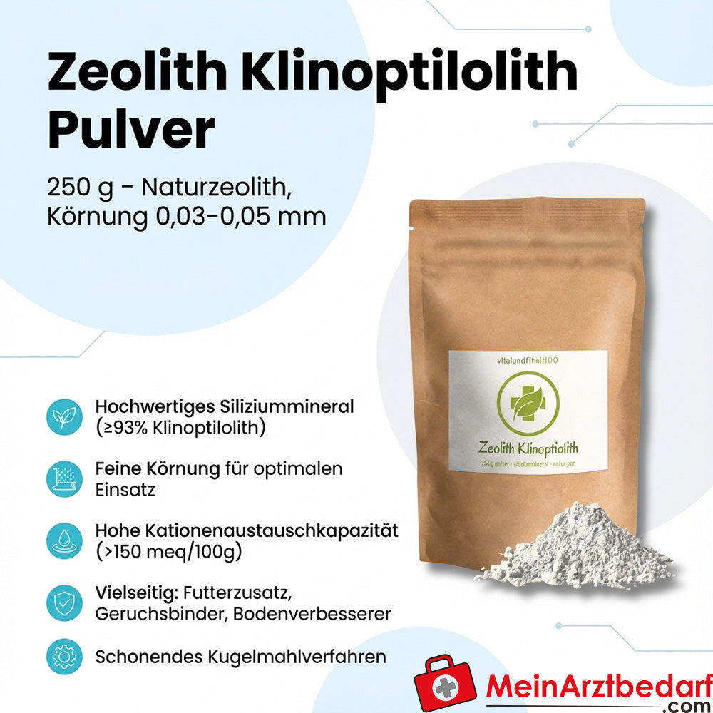 Zeolite clinoptilolite in polvere 250 g, zeolite naturale ≥93% granulometria 0,03-0,05 mm, KAK >150 meq/100g