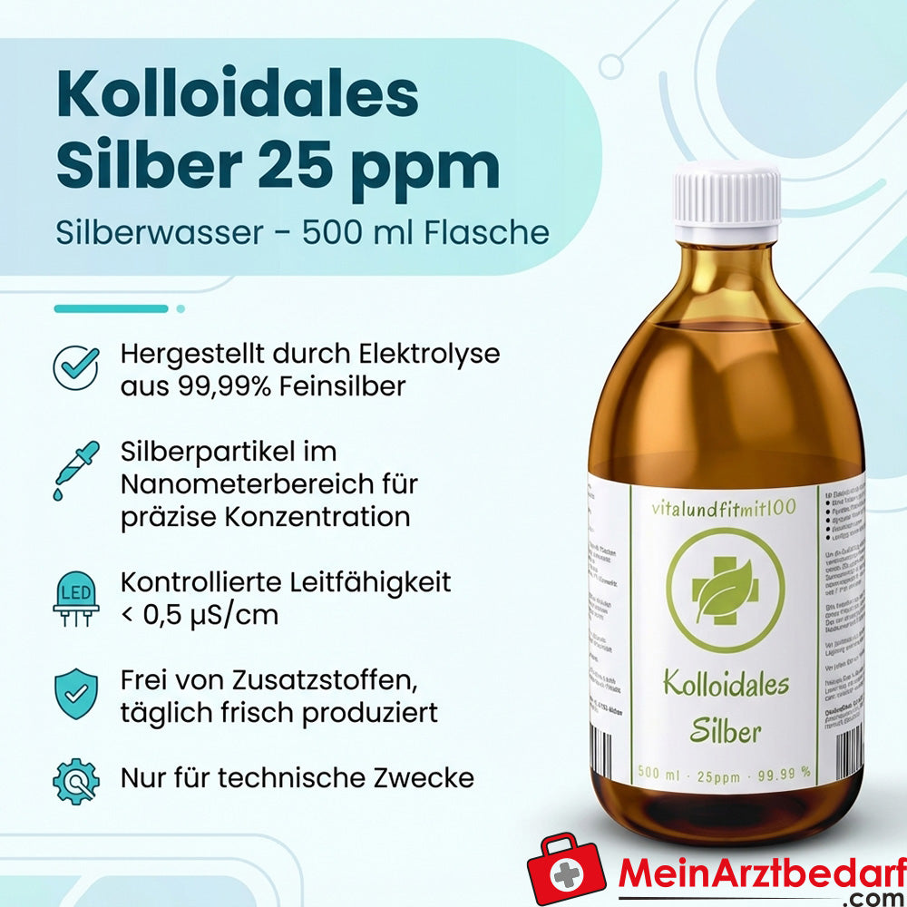 Kolloidales Silber 25 ppm Silberwasser 500 ml 99,99% Feinsilber