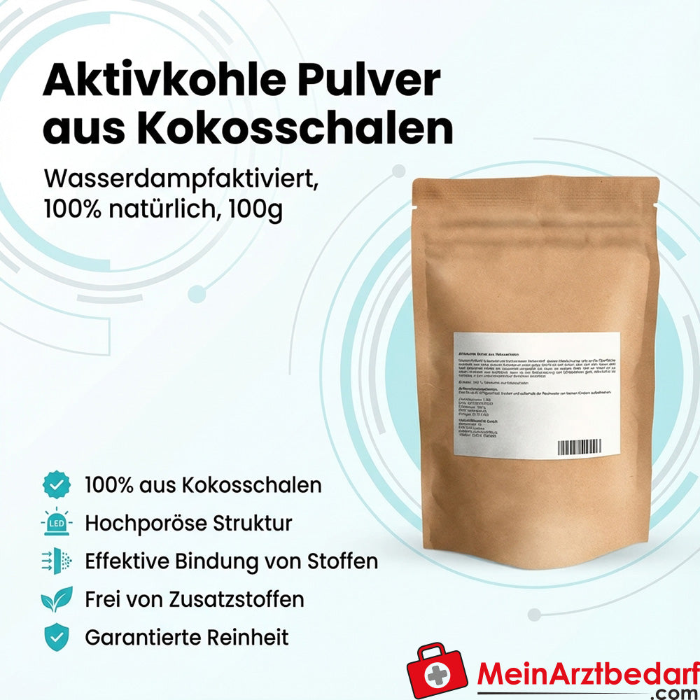 Aktivkohle Pulver Kokosschalen 100 g Wasserdampfaktiviert 100% ohne Zusätze