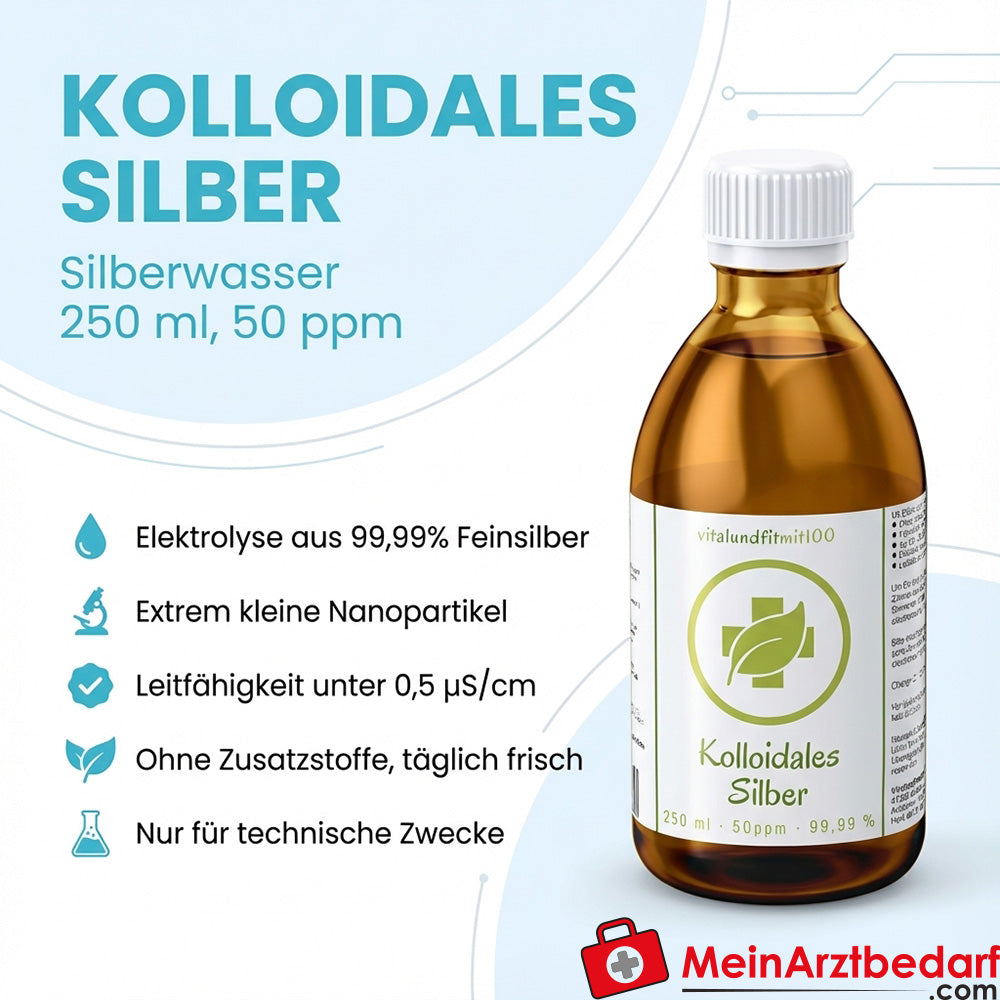 Colloidal silver 50 ppm silver water 250 ml, electrolysis of 99.99% fine silver
