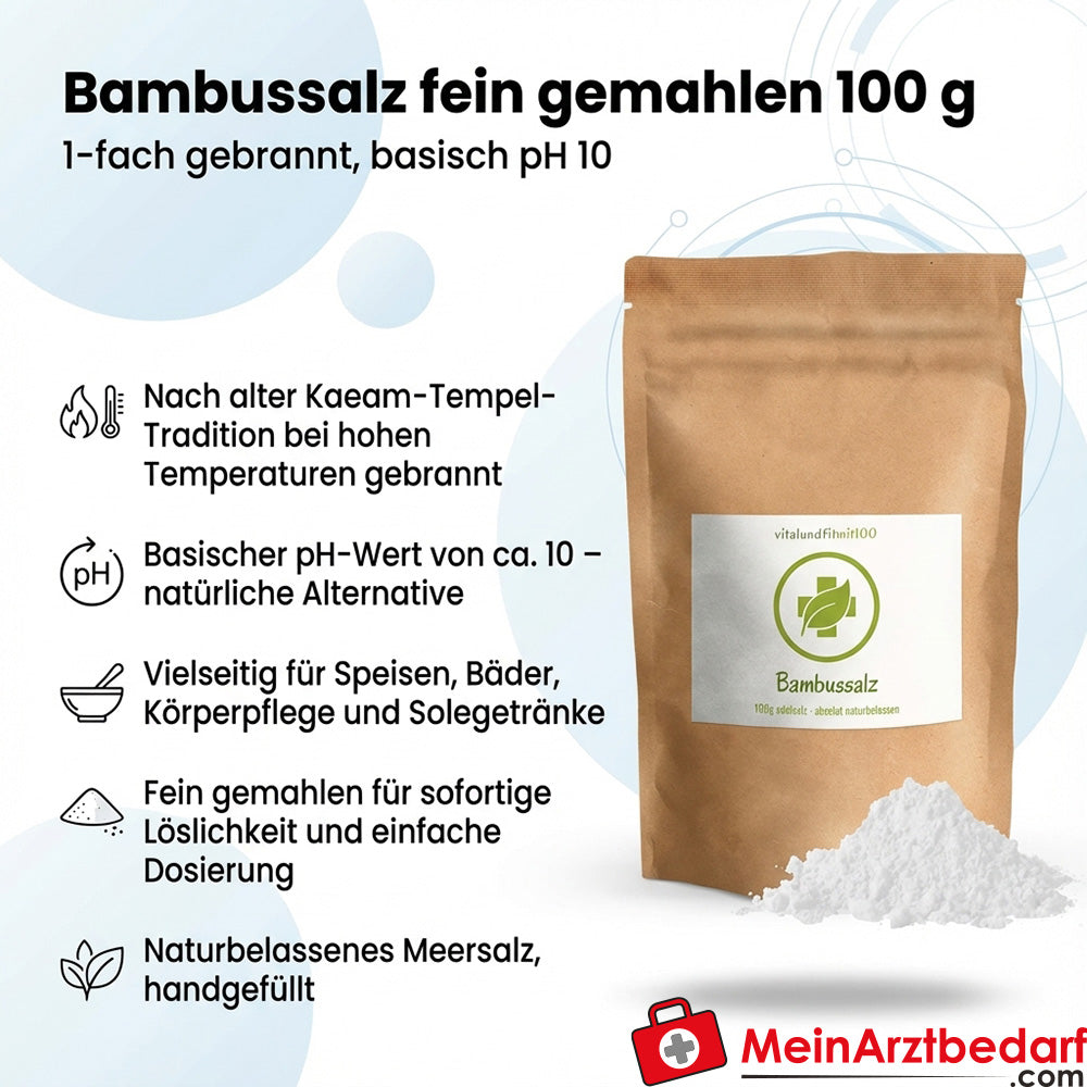 Sel de bambou brûlé 1 fois finement moulu 100 g basique pH 10 pour la cuisine et les soins du corps