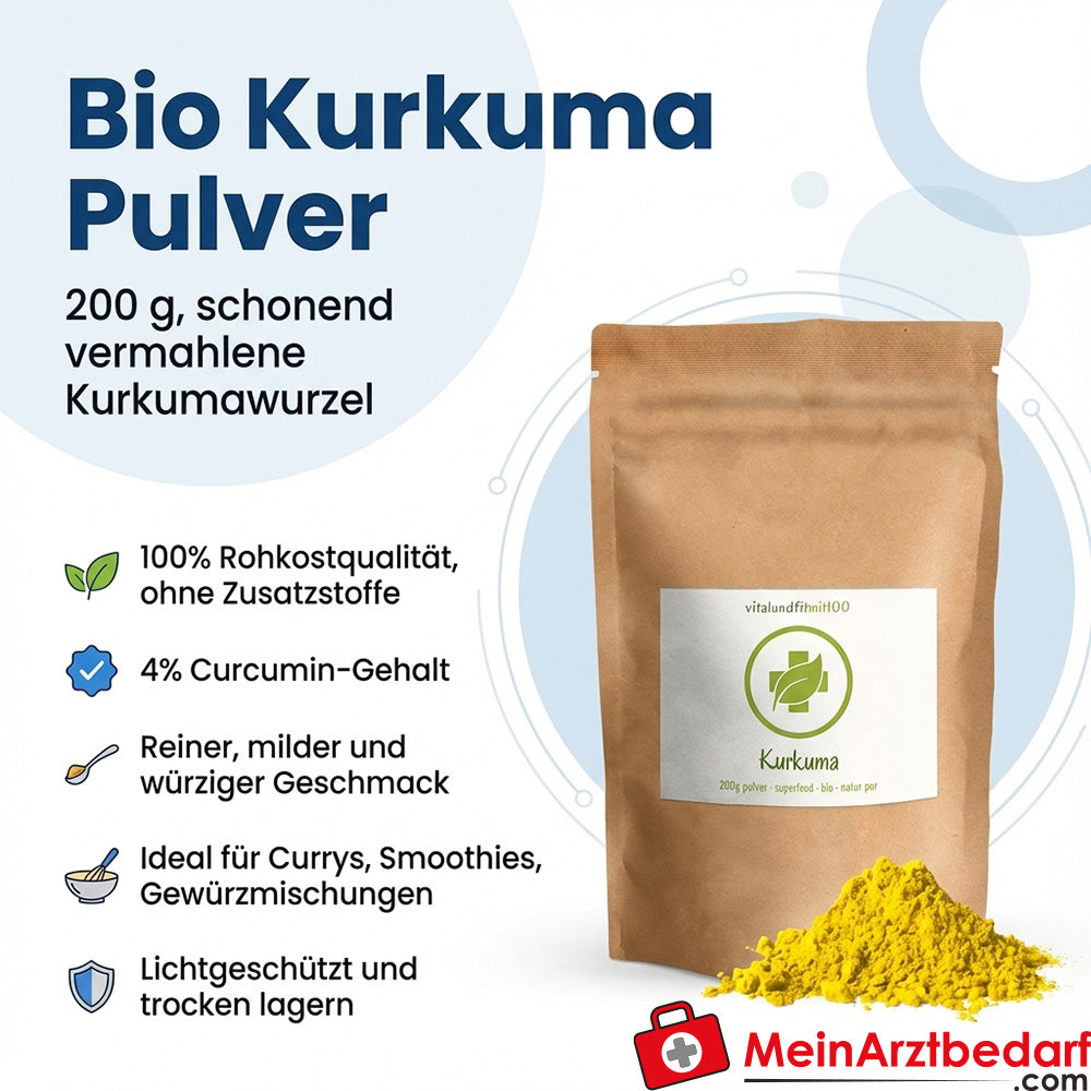 Biologisch kurkumapoeder 200 g 4% curcumine rauwe voedselkwaliteit, fijngemalen