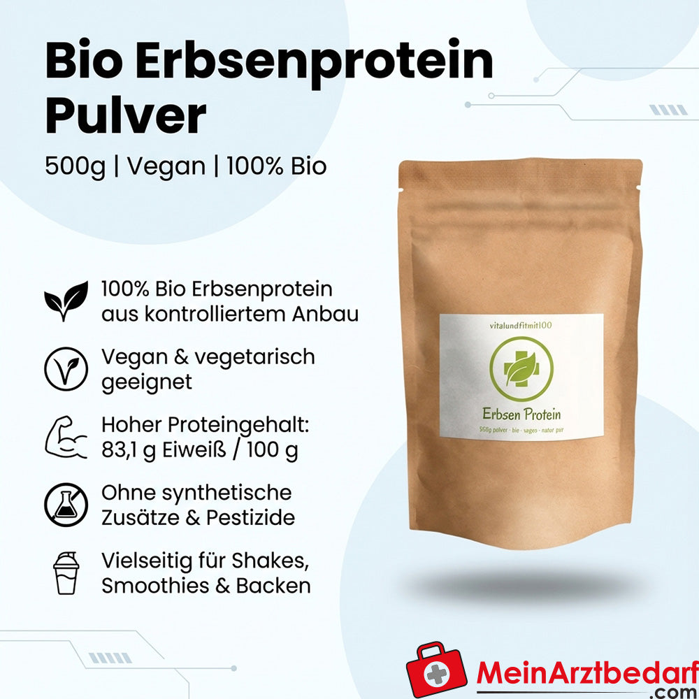 Biologisch erwteneiwitpoeder 500 g, 83,1 g eiwit/100 g, veganistisch