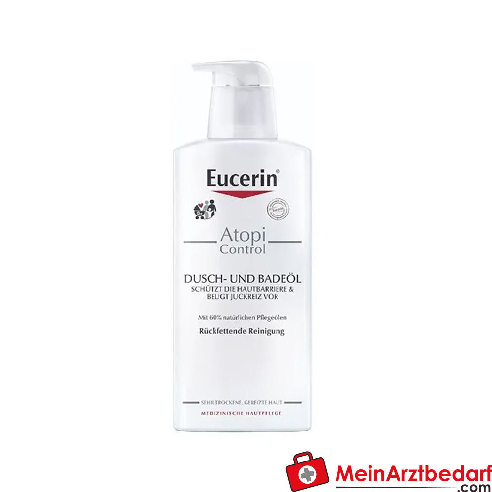 Eucerin® AtopiControl Dusch-und Badeöl – reinigt extra rückfettend und beruhigt atopische Haut & zur Linderung von Juckreiz bei Neurodermitis, 400ml.