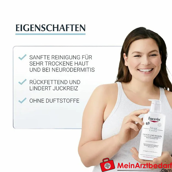 Eucerin® AtopiControl Dusch-und Badeöl – reinigt extra rückfettend und beruhigt atopische Haut & zur Linderung von Juckreiz bei Neurodermitis, 400ml