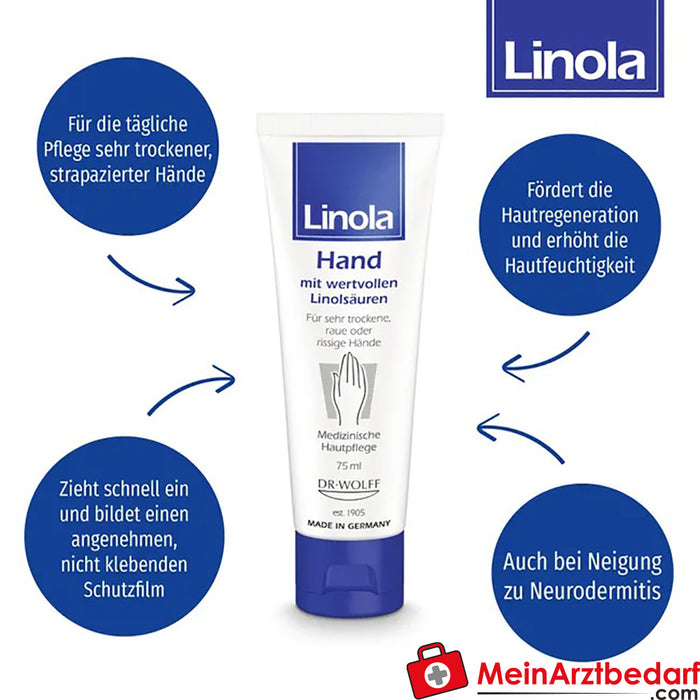 Linola Hand - 护手霜，适用于干燥、粗糙或龟裂的双手，75 毫升