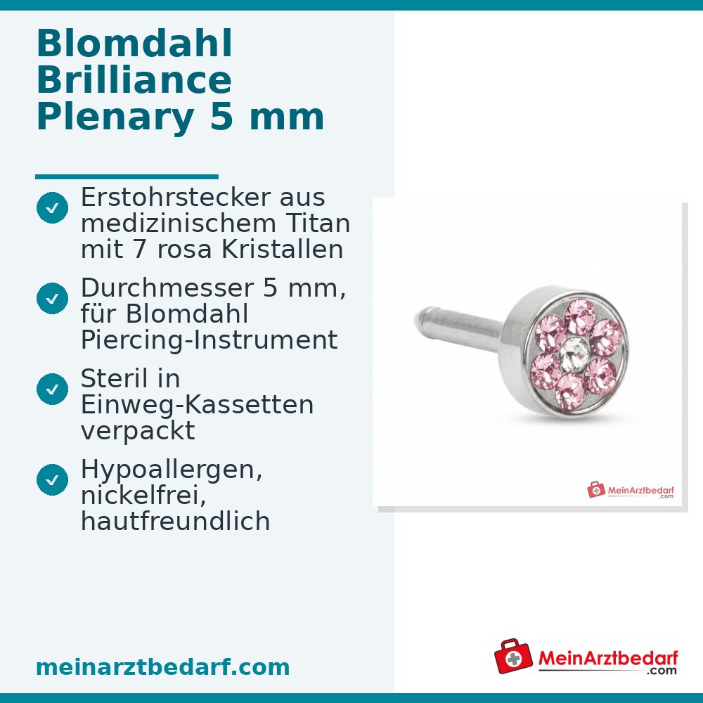 Blomdahl Erstohrstecker Brilliance Plenary Titan, 7 Kristalle rosa, 5 mm, 10 Stk..