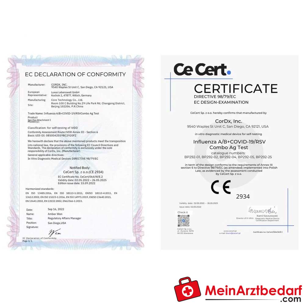 CorDx 4in1 RSV, Influenza A/B & SARS-CoV-2 Antigen Kombi-Selbsttest, 1 Stück.
